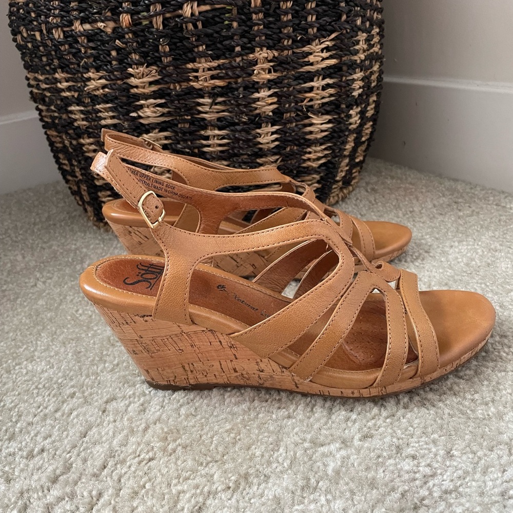 Size 8 Sofft Corinth Luggage cork 3” heel wedge sandal